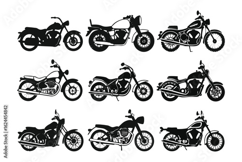 Classic Motorcycle Collection Silhouette: A curated assembly of meticulously designed vintage motorcycles is artfully presented, capturing the essence of each unique model in striking silhouette.