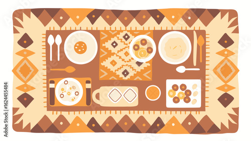 Overhead view of a breakfast spread on a patterned rug with bowls spoons and plates featuring food items