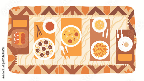 Overhead shot of a table with several plates of food and patterned border design displayed nicely
