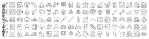 Black and white seamless pattern of hiking and camping elements and equipment
