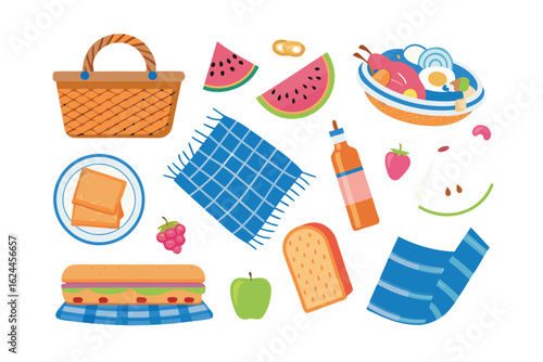 Picnic Essentials: A collection of inviting picnic elements, including food, woven basket, beverage bottle, fruit slices, sandwich, and checkered cloths. Ideal for themes of summer enjoyment.