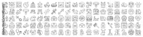 Diverse collection of black and white pet related icons in line art