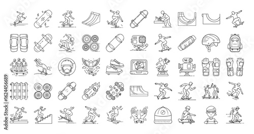 Set of Skateboard Equipment, Skateboarding Elements and Skaters in Flat Vector Style