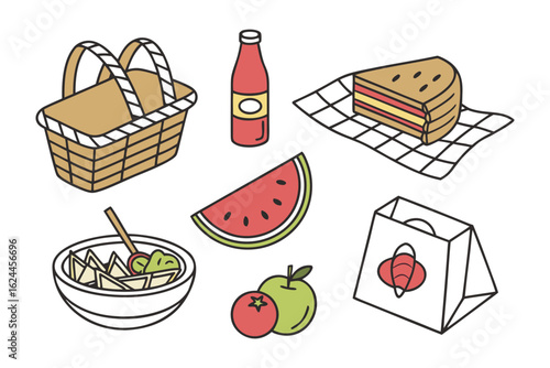 Picnic Essentials: An array of delightful picnic essentials is laid out in a vibrant arrangement, including a woven basket, a bottle of juice, a mouthwatering sandwich, a juicy slice of watermelon.
