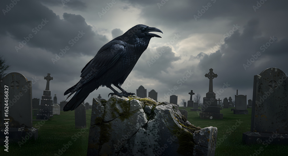 Fototapeta premium Darkened omen: A solitary raven perched upon a weathered gravestone in a graveyard