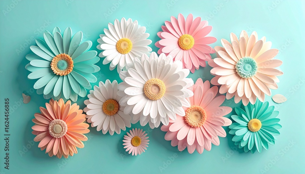 Fototapeta premium Vibrant pastel daisy flowers bloom in a cheerful, bright studio setting with a clean background