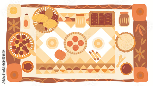 Overhead view of a table laid out with various food items and dishes on a patterned tablecloth design