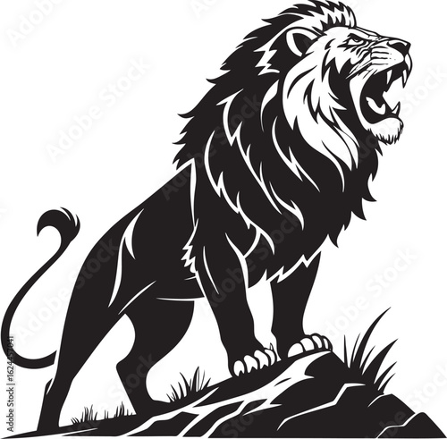 Roaring lion standing on rocks mane black