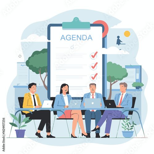 Flat illustration of business people meeting with agenda checklist discussing strategy and teamwork planning
