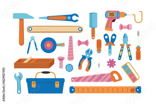 Tools of the Trade: A vibrant assortment of essential construction, repair, and craft tools, meticulously arranged to showcase the art of creation and problem-solving.