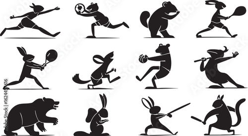 Silhouettes of people doing various sports and fitness activities vector set icon illustration.