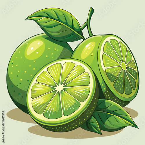 Juicy half-cut lime and lemon slices with a leaf isolated on a white background