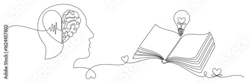 continuous line drawing of half of human brain and human heart vector illustration with book 1