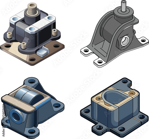 High-Precision 3D Vector Illustration of Pickup Truck Engine Mount Components. 