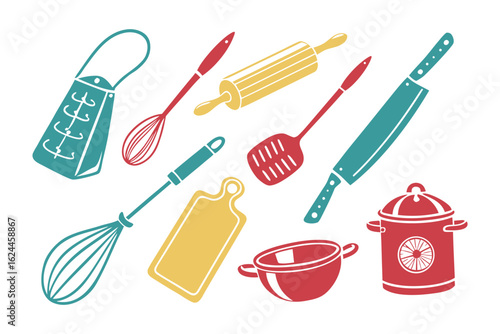 Culinary Tools: A collection of essential kitchen tools, from whisks and rolling pins to graters and cutting boards, arranged to showcase the fundamentals of home cooking.