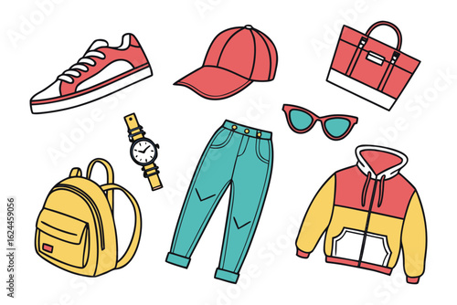 Fashion Essentials: A vibrant illustration showcasing the must-have elements of style, featuring a diverse array of apparel and accessories perfect for building a complete and fashionable look. 