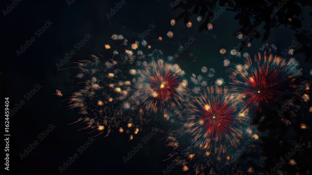 Naklejka premium Multicolor Firework Bursts in Night Sky: Explosion Trails and Ember Effects for Global Event Background Designs