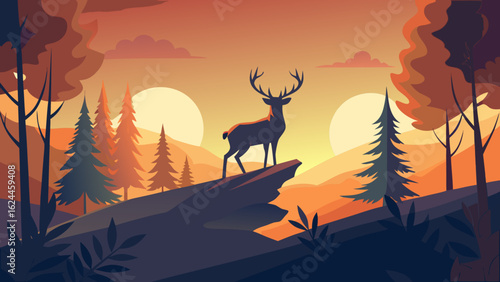 A majestic silhouette of a stag stands on a rocky ledge against a vibrant sunset backdrop, surrounded by lush trees.