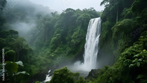 Majestic Waterfall Cascading Through Lush Tropical Forest
