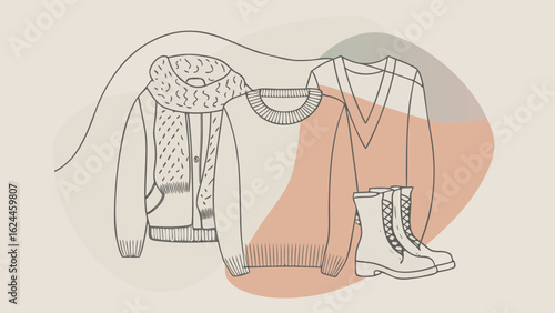 Stylish women's winter outfits featuring a cozy sweater, cardigan, and fashionable boots in a minimalist design.