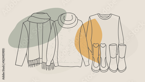Stylish winter fashion: cozy sweaters, chic scarves, and fashionable boots in neutral tones.