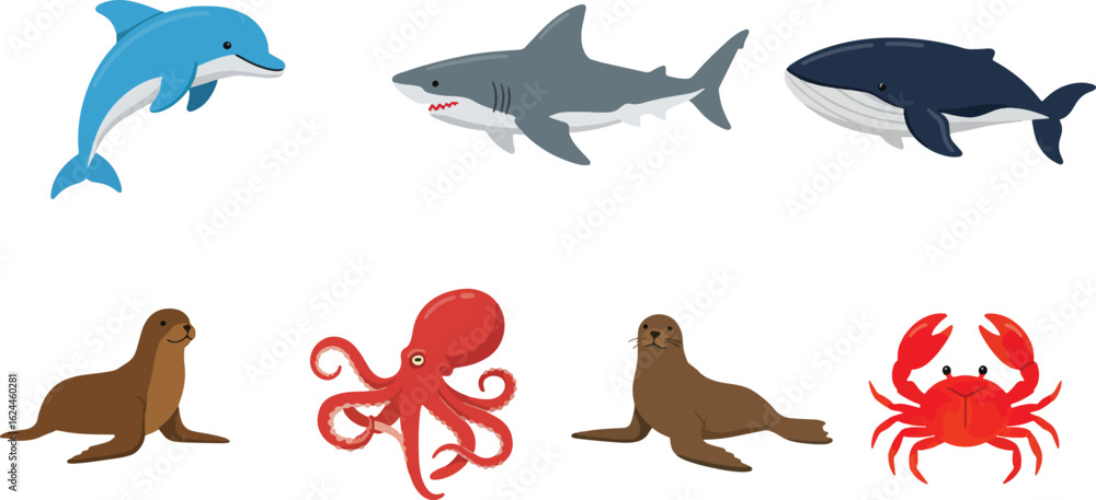 Fototapeta premium Cartoon aquatic animals collection