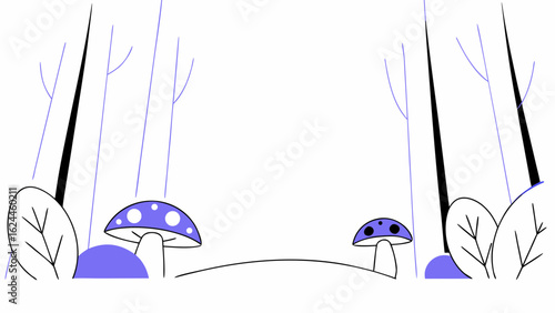 A whimsical illustration featuring colorful mushrooms and stylized trees in a dreamy forest setting.
