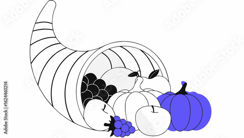 A whimsical black and white illustration of a horn of plenty filled with various fruits and pumpkins, featuring a splash of purple.