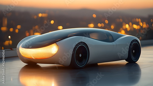 Futuristic White Coupe at Sunset Over City Lights