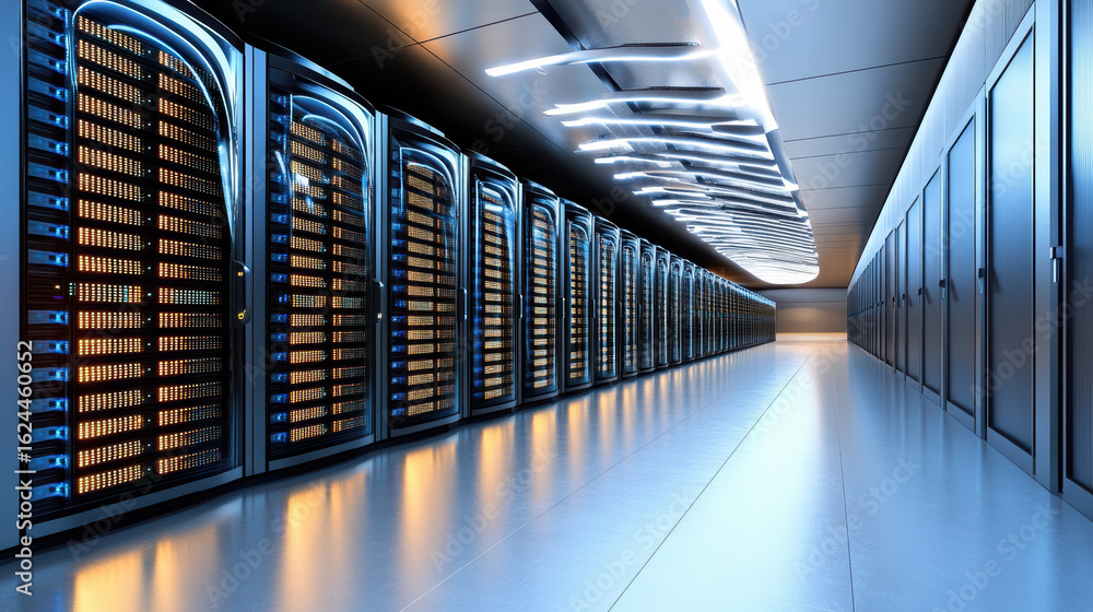 Fototapeta premium High tech server room with rows of servers and illuminated ceiling lights, showcasing modern