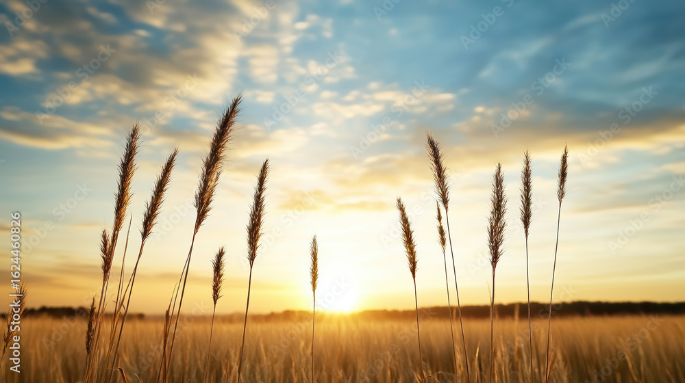 Obraz premium Tranquil sunset over golden grass field, creating serene atmosphere