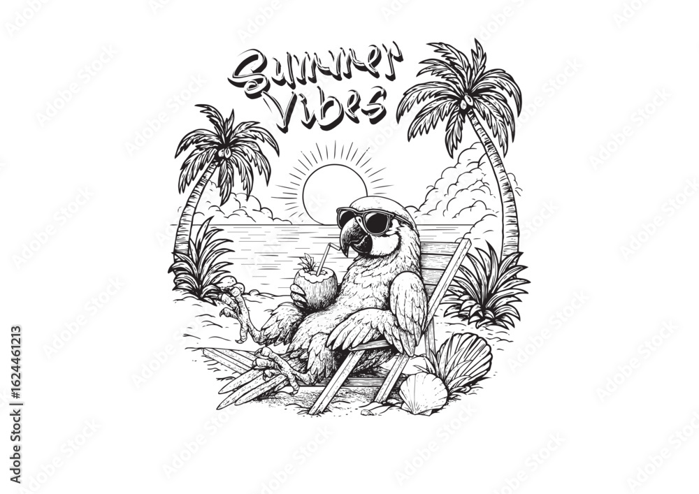 Fototapeta premium Summer time vector flyer, banner template. It's summer time animals line art illustration theme. dog, cat, touchan, flamingo, duck, bear, and tropical and beach theme, animal line art