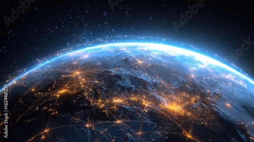 The illuminated Earth with connections glowing in the night sky