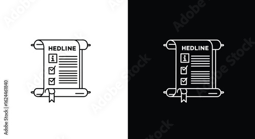 A line art icon of a scroll document with a headline and a checklist, shown in black and white versions.