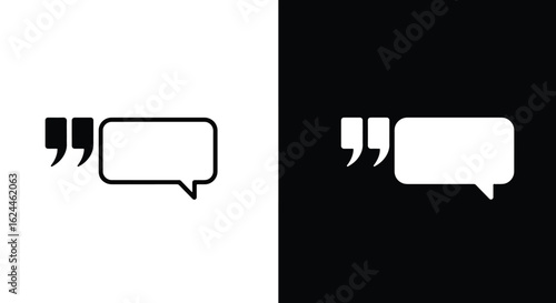 A minimalist graphic icon of a quote, featuring a speech bubble and quotation marks, shown in black on white and white on black.