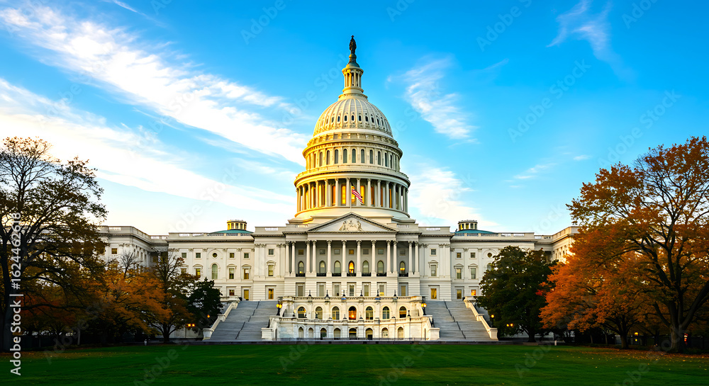 Fototapeta premium Majestic united states capitol building illuminated by golden hour sunlight under a dramatic sky with wispy clouds