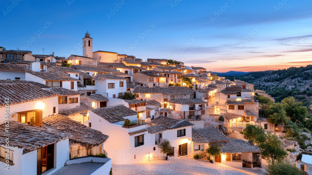 Obraz premium Charming village rooftops illuminated dusk, showcasing serene atmosphere and beautiful