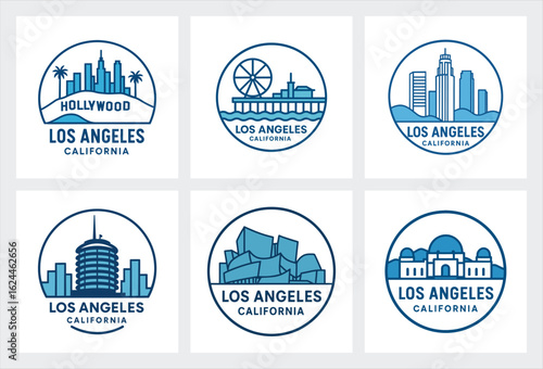 Los Angeles California Skyline Logo Emblem with Iconic Landmarks and Bold Design