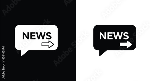 A set of two news icons in black and white, each showing a speech bubble with the word NEWS and an arrow.