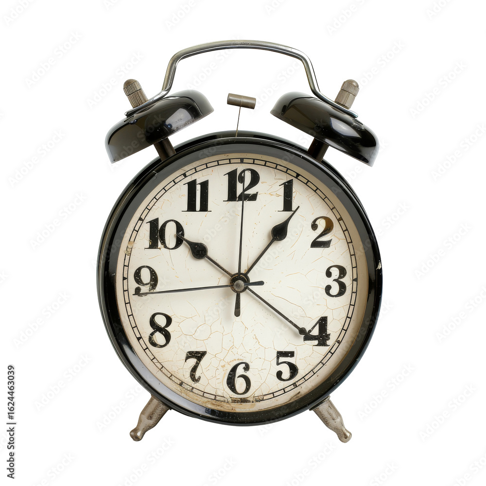 Black alarm clock, face view. Timepiece with black casing, visible clock face, showing the time. Classic style, vintage look. Simple, clean design Black alarm clock, face view. Timepiece with black casing, visible clock face, showing the time. Classic style, vintage look. Simple, clean design