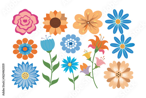 Colorful Floral Symphony: A vibrant assortment of meticulously illustrated flowers, showcasing an array of vivid hues, petals, and botanical designs, offering a kaleidoscope of floral diversity.