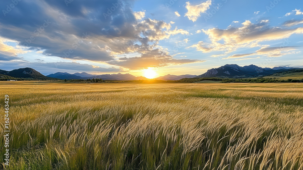Obraz premium Golden meadow at sunset with mountains in background, creating serene landscape
