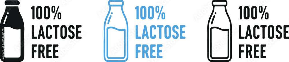 100% Lactose Free Milk Bottle Icon Set - Dairy Alternative for Healthy Diet, Vegan Food Products, and Nutritional Information 100% Lactose Free Milk Bottle Icon Set - Dairy Alternative for Healthy Diet, Vegan Food Products, and Nutritional Information