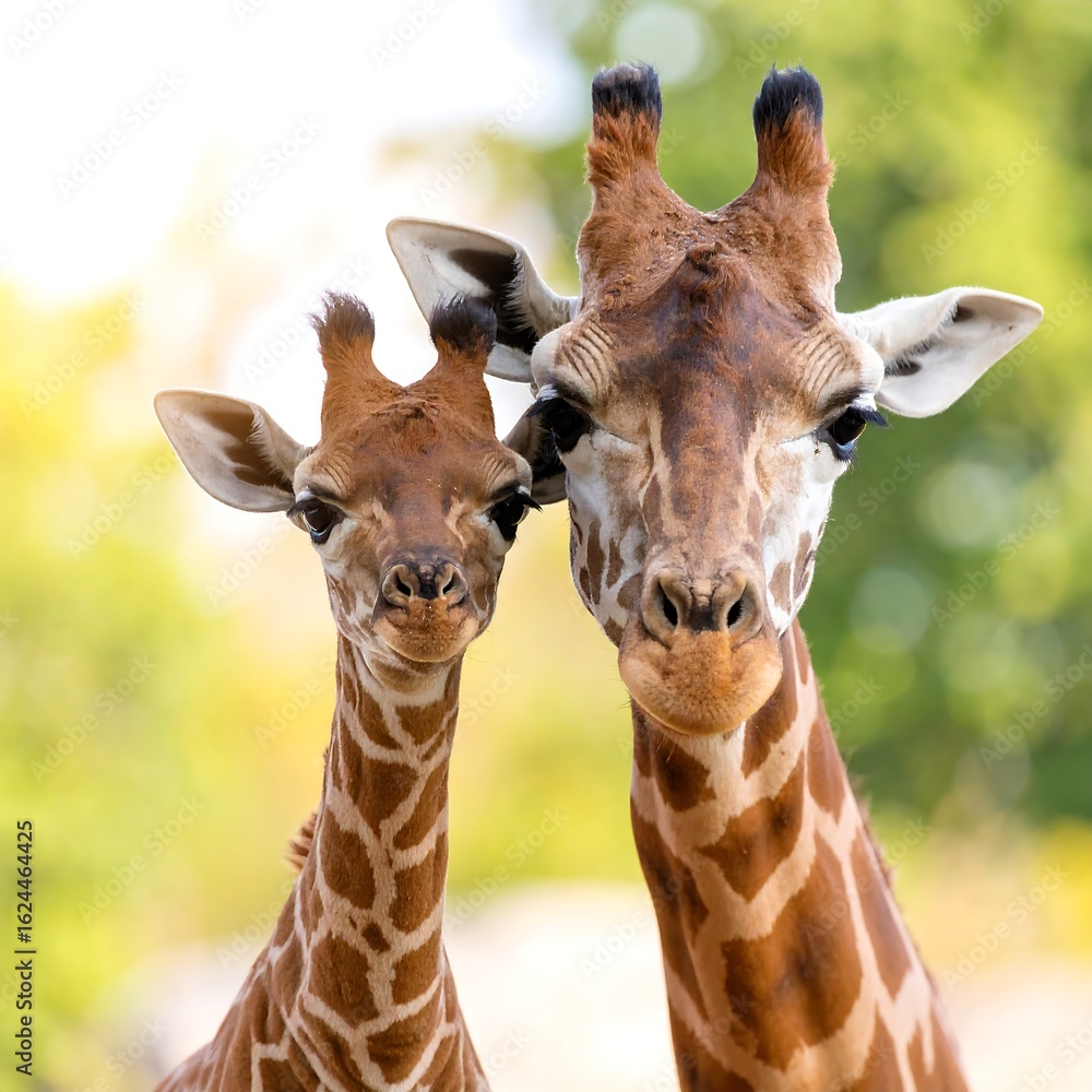 Obraz premium Close-up of adult and baby giraffe, heads and necks