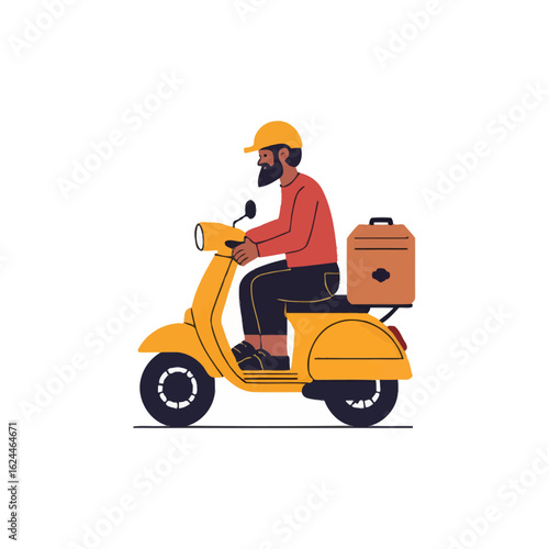 A bearded courier riding a yellow scooter for an express delivery service. A flat vector illustration of a man on a moped with a parcel box.