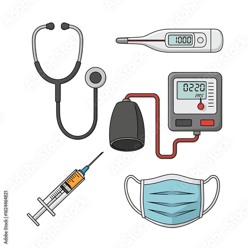 A collection of essential medical equipment for healthcare and diagnostics. Illustration of a stethoscope, thermometer, syringe, and vital signs monitor.