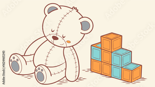 A cute teddy bear sitting next to a stack of colorful building blocks, perfect for illustrating childhood, playtime, and the joy of imagination