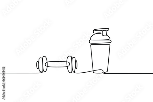 Minimalist continuous line drawing of a dumbbell and protein shaker