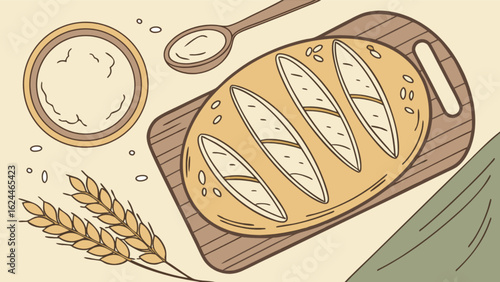 A loaf of freshly baked bread on a cutting board with flour and wheat, evoking rustic charm, homemade goodness, and the art of baking