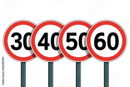 Four circular speed limit signs showing 30 40 50 and 60